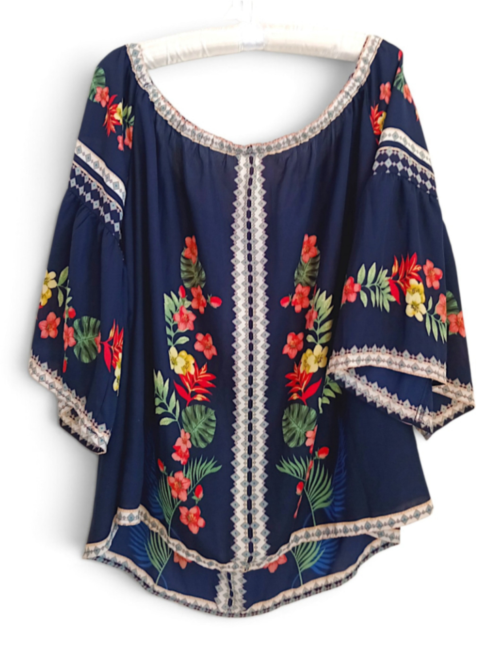 Flower & Feather Tropical Flower Off Shoulder Blouse Boho Bell Sleeves Flowy 2x